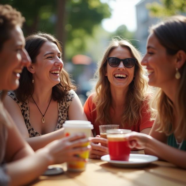 Gruppo di amici che ride bevendo caffè all'aperto, sorrisi e bicchieri colorati