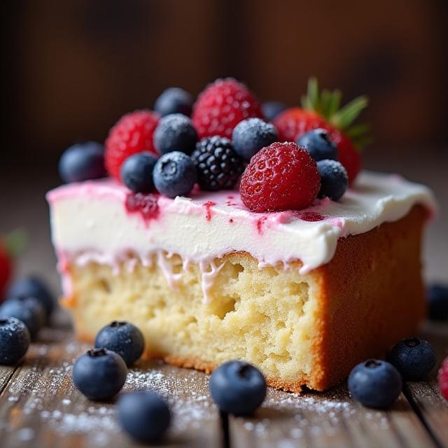 Primo piano di una torta ai frutti di bosco decorata con cura su un tavolo di legno antico