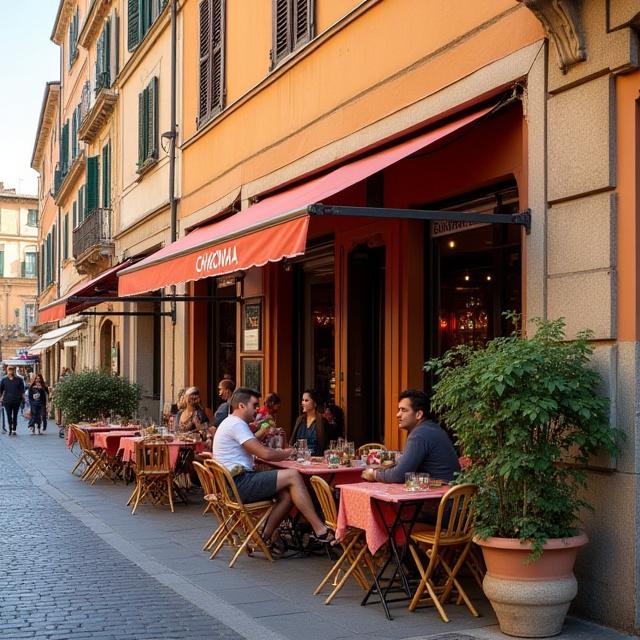 Tavolini all'esterno del Chroma Cafe in Via Vitellia, Roma. Giorno di sole, architettura storica sullo sfondo