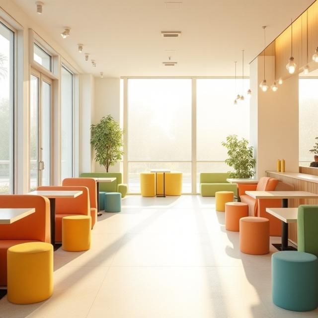 Interno luminoso del Chroma Cafe con dettagli di design colorati