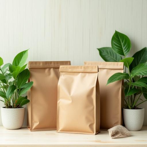 Sacchetti di caffè in carta riciclata con piante verdi a simboleggiare la sostenibilità